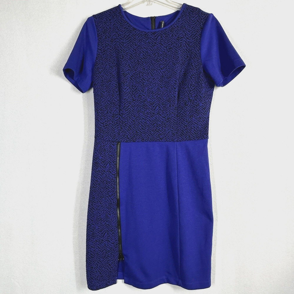 W118 Walter Baker Lucy Dress L Royal Blue Short Sleeve Knit Stretch Zipper NEW